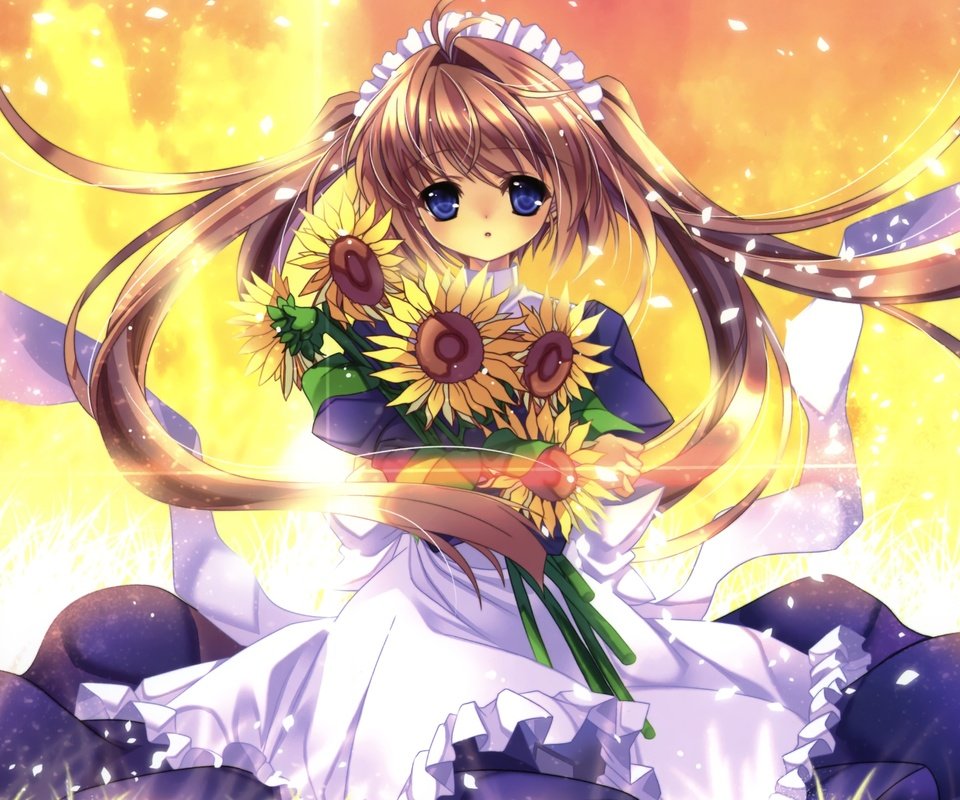 Обои аниме, девочка, подсолнухи, белое платье, anime, girl, sunflowers, white dress разрешение 2104x1672 Загрузить