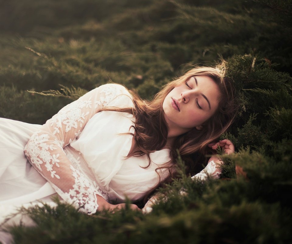 Обои природа, лес, девушка, сон, белое платье, закрытые глаза, andrea peipe, nature, forest, girl, sleep, white dress, closed eyes разрешение 2048x1367 Загрузить