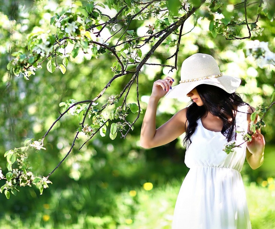 Обои девушка, сад, шляпа, белое платье, girl, garden, hat, white dress разрешение 1920x1200 Загрузить