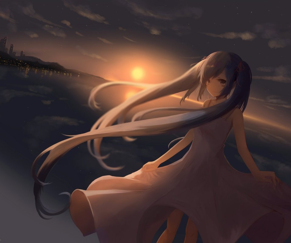 Обои облака, закат, города, вокалоид, twintails, в платье, мику хацунэ, clouds, sunset, city, vocaloid, dress, hatsune miku разрешение 2480x1748 Загрузить