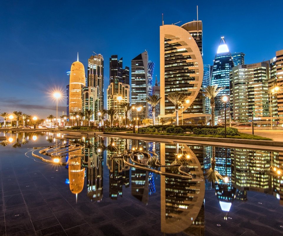 Обои отражение, небоскребы, ночной город, здания, катар, доха, sheraton park, reflection, skyscrapers, night city, building, qatar, doha разрешение 2754x1751 Загрузить