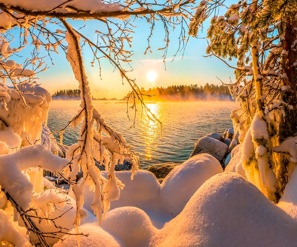 Обои озеро, снег, лес, закат, зима, lake, snow, forest, sunset, winter разрешение 1920x1231 Загрузить