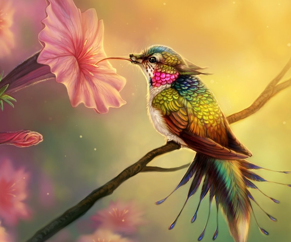 Обои цветы, арт, птица, клюв, перья, колибри, цифровое искусство, flowers, art, bird, beak, feathers, hummingbird, digital art разрешение 2560x1440 Загрузить
