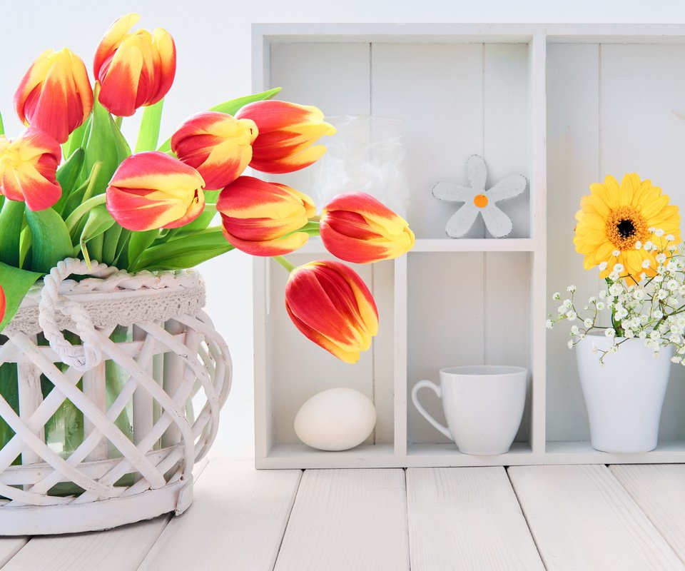 Обои цветы, букет, тюльпаны, корзинка, декор, anya ivanova, flowers, bouquet, tulips, basket, decor разрешение 1920x1200 Загрузить