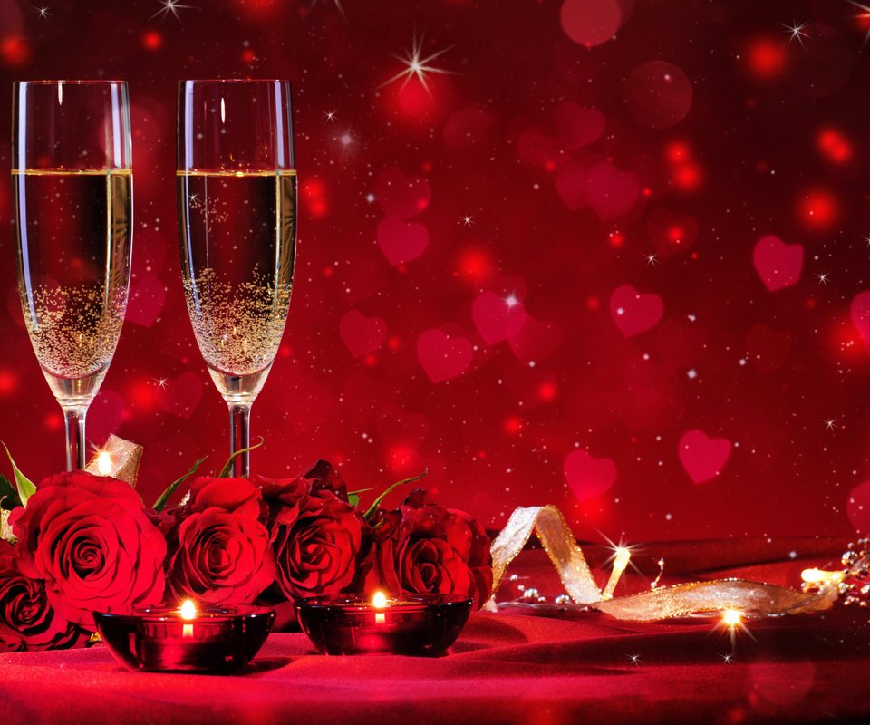 Обои цветы, сердечки, свечи, шампанское, фон, день святого валентина, розы, боке, огонь, красные, ленточки, бокалы, flowers, hearts, candles, champagne, background, valentine's day, roses, bokeh, fire, red, ribbons, glasses разрешение 1920x1200 Загрузить