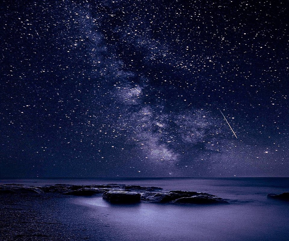 Обои небо, ночь, море, звезды, the sky, night, sea, stars разрешение 3840x2160 Загрузить