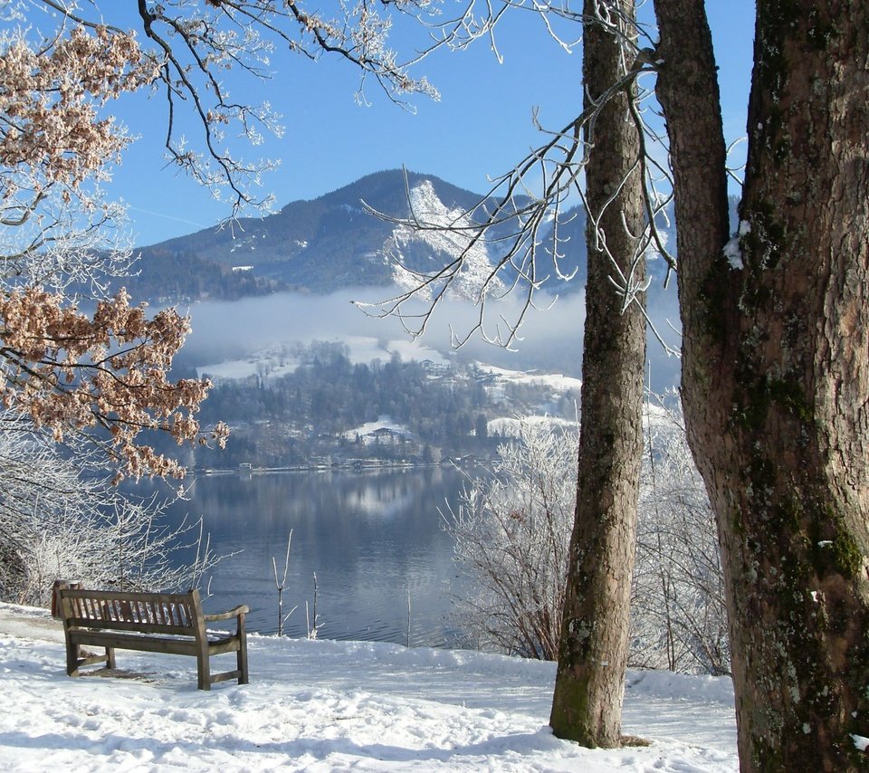 Обои деревья, река, зима, скамейка, trees, river, winter, bench разрешение 2048x1536 Загрузить