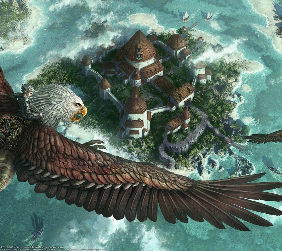 Обои фентези, полет, город, всадник, kerem beyit, грифон, fantasy, flight, the city, rider, griffin разрешение 1920x1200 Загрузить