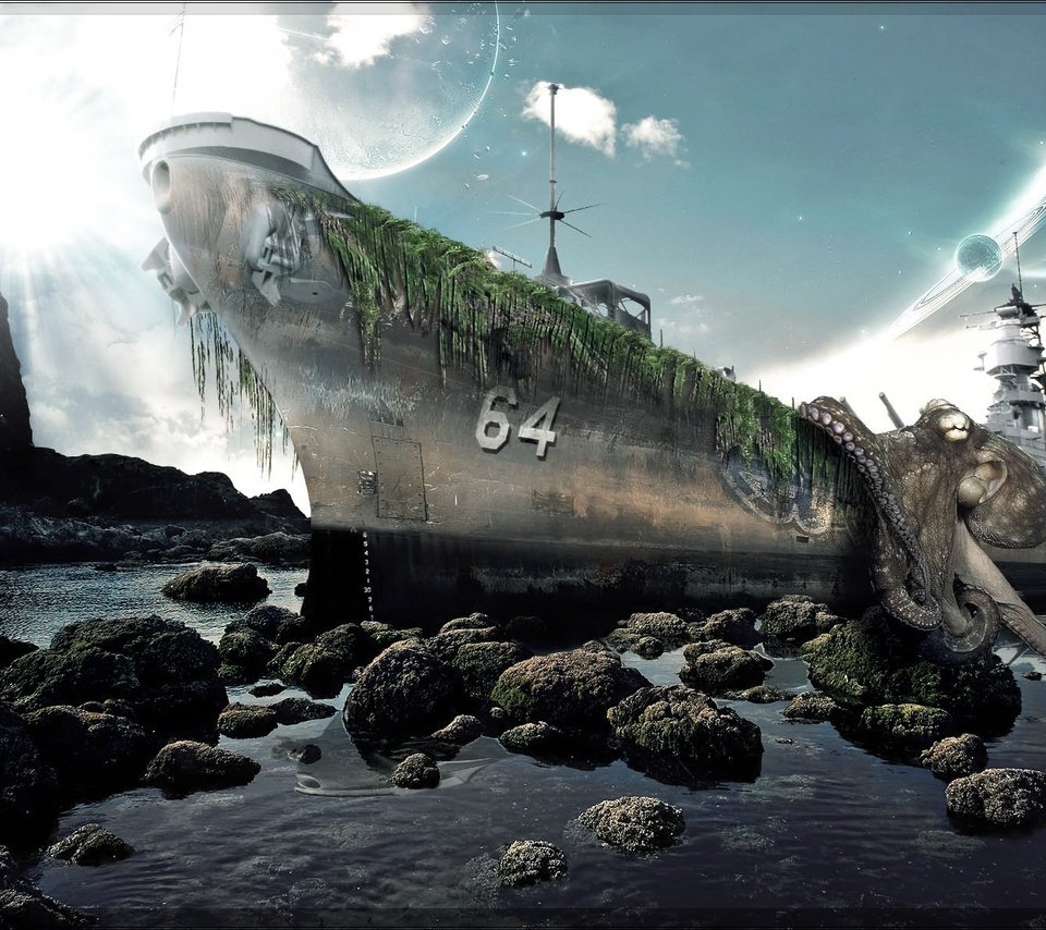 Обои камни, берег, корабль, осьминог, коллаж, stones, shore, ship, octopus, collage разрешение 1920x1200 Загрузить