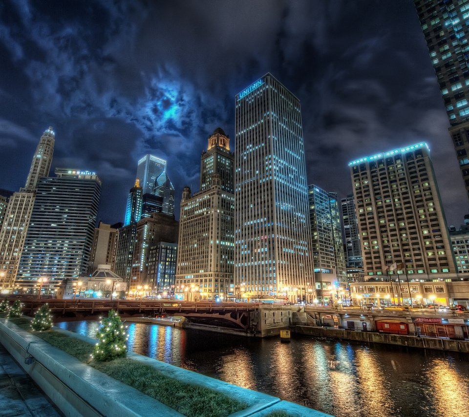 Обои небо, ночь, огни, город, небоскребы, чикаго, the sky, night, lights, the city, skyscrapers, chicago разрешение 2560x1600 Загрузить
