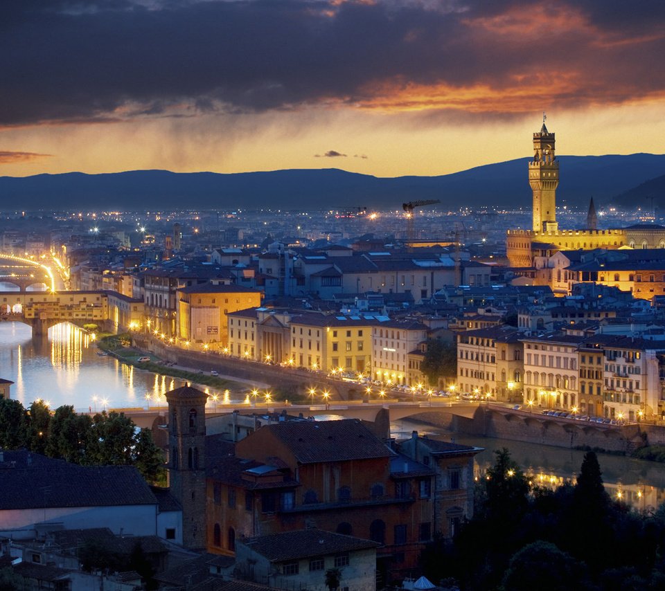 Обои ночь, огни, италия, флоренция, мосты, палаццо веккьо, night, lights, italy, florence, bridges, palazzo vecchio разрешение 1920x1080 Загрузить