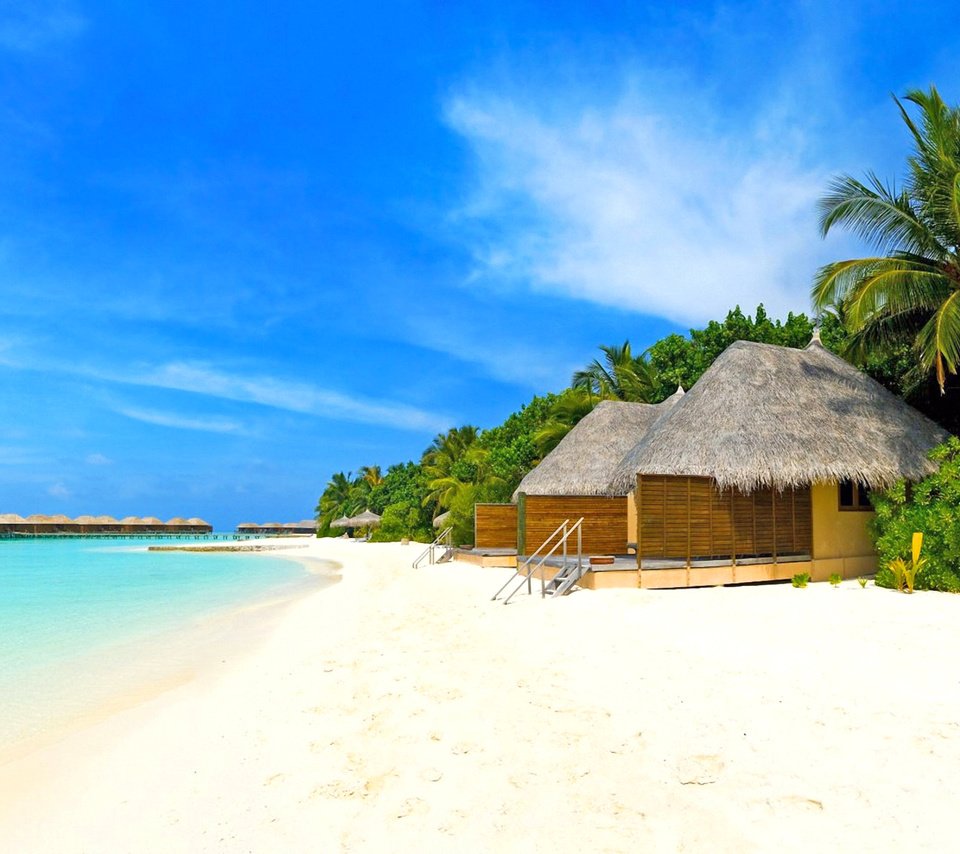 Обои пляж, бунгало, тропики, мальдивы, beach, bungalow, tropics, the maldives разрешение 2560x1920 Загрузить