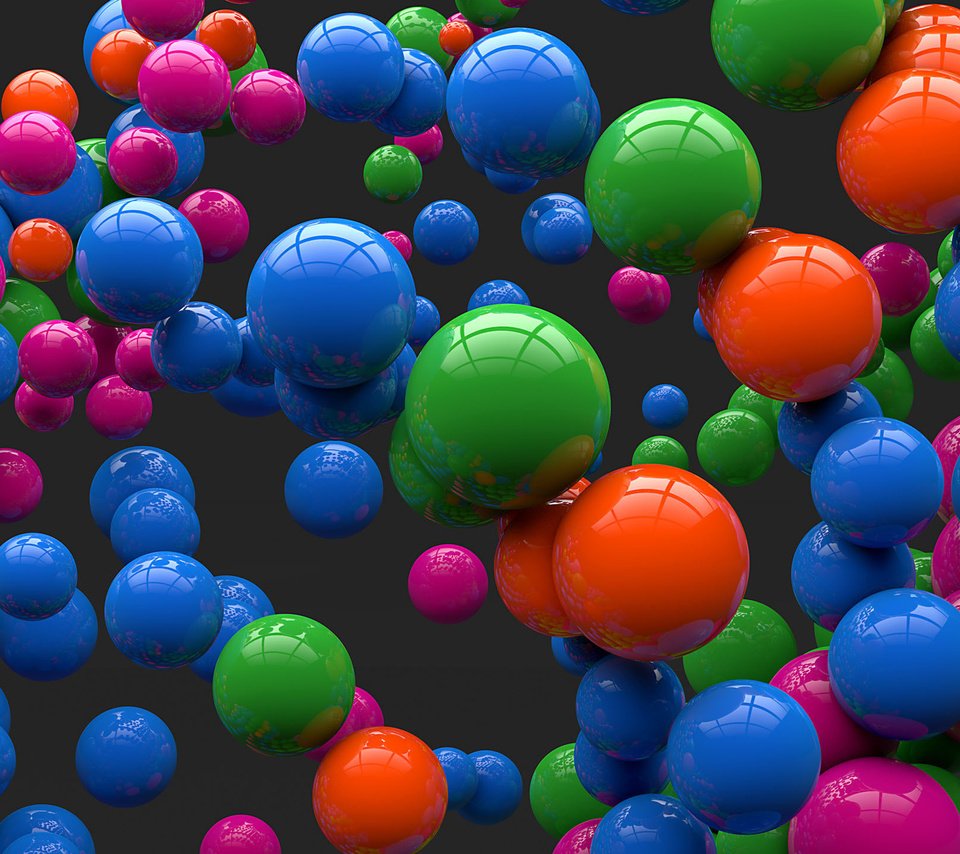 Обои арт, шары, отражение, разноцветные, шарики, серый фон, цветные, сферы, art, balls, reflection, colorful, grey background, colored, sphere разрешение 2560x1440 Загрузить