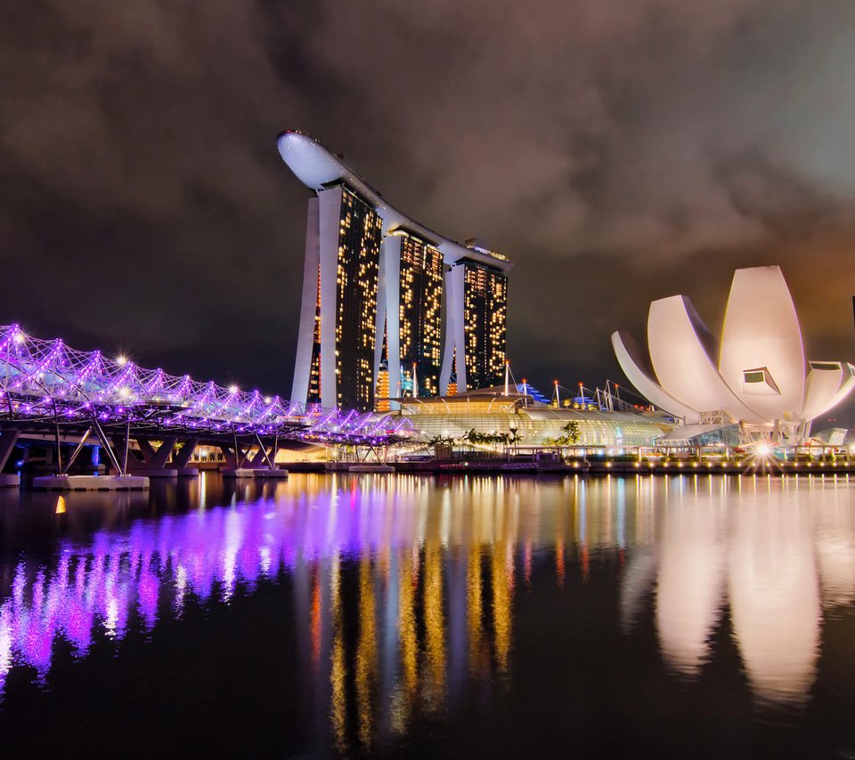 Обои мост, блики, ночной город, здания, сингапур, marina bay sands, bridge, glare, night city, building, singapore разрешение 1920x1200 Загрузить