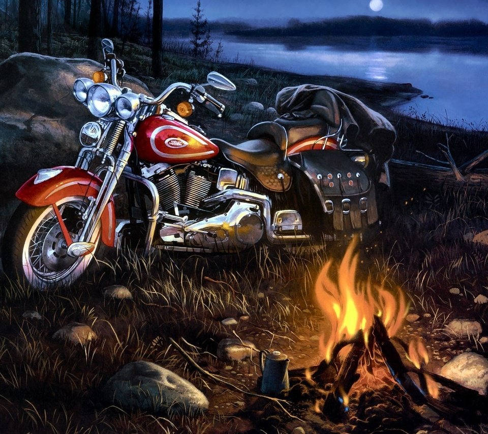 Обои арт, река, пейзаж, мотоцикл, костёр, harley-davidson, art, river, landscape, motorcycle, the fire разрешение 1920x1200 Загрузить