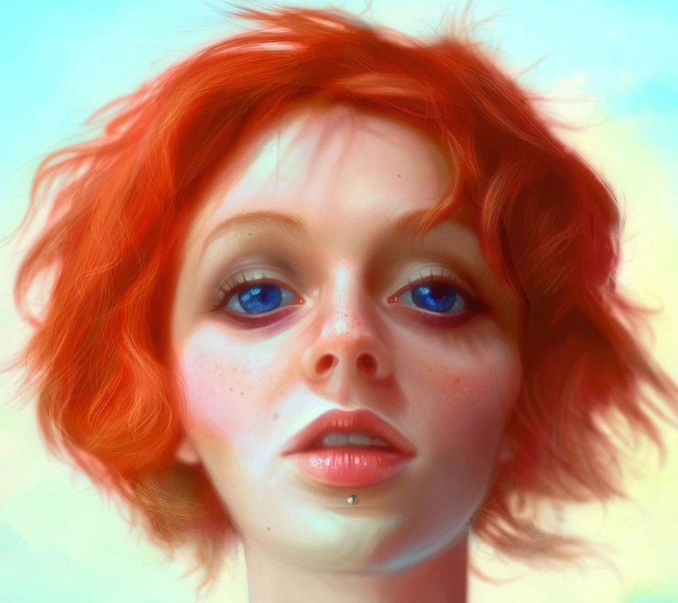 Обои глаза, арт, рисунок, девушка, рыжая, голубые, пирсинг, eyes, art, figure, girl, red, blue, piercing разрешение 1920x1080 Загрузить
