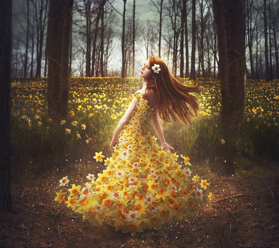 Обои цветы, лес, девушка, платье, нарциссы, рыжеволосая, shelby robinson, flowers, forest, girl, dress, daffodils, redhead разрешение 2048x1426 Загрузить