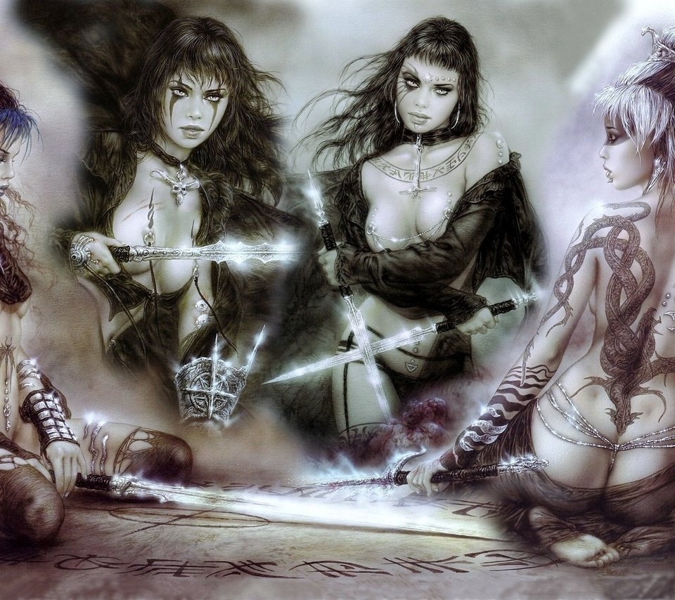 Обои девушки, тату, мечи, луис ройо, girls, tattoo, swords, luis royo разрешение 1920x1200 Загрузить