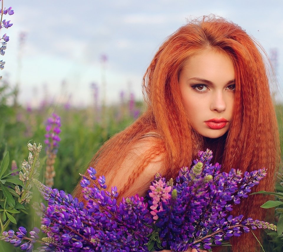 Обои цветы, девушка, рыжая, волосы, губы, люпин, flowers, girl, red, hair, lips, lupin разрешение 2000x1227 Загрузить