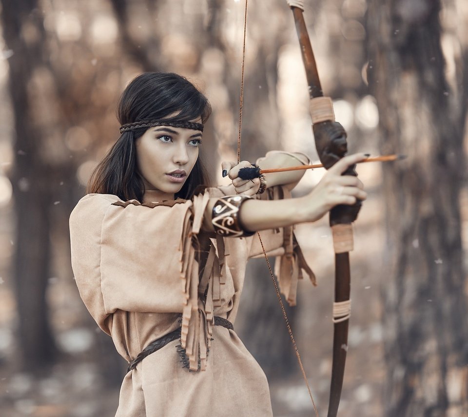 Обои девушка, платье, лук, стрела, girl, dress, bow, arrow разрешение 2048x1392 Загрузить