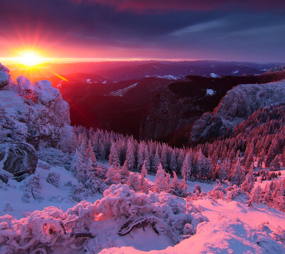 Обои свет, деревья, горы, солнце, снег, закат, зима, альпы, light, trees, mountains, the sun, snow, sunset, winter, alps разрешение 1920x1280 Загрузить