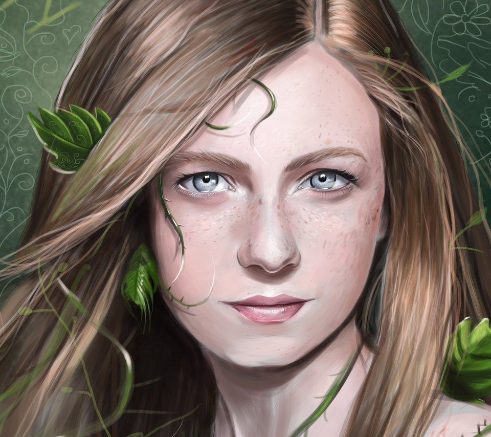 Обои арт, листья, девушка, взгляд, растение, веснушки, art, leaves, girl, look, plant, freckles разрешение 7135x5403 Загрузить
