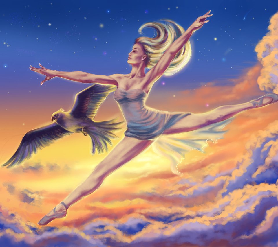 Обои небо, арт, облака, девушка, профиль, птица, волосы, балерина, the sky, art, clouds, girl, profile, bird, hair, ballerina разрешение 2000x1369 Загрузить