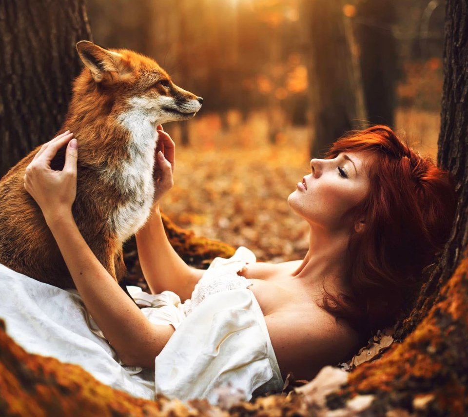 Обои лес, животные, осень, девушки, лиса, рыжеволосая, forest, animals, autumn, girls, fox, redhead разрешение 1920x1200 Загрузить