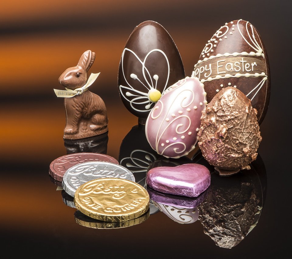Обои отражение, конфеты, пасха, шоколад, монеты, заяц, яйцо, reflection, candy, easter, chocolate, coins, hare, egg разрешение 4000x2670 Загрузить