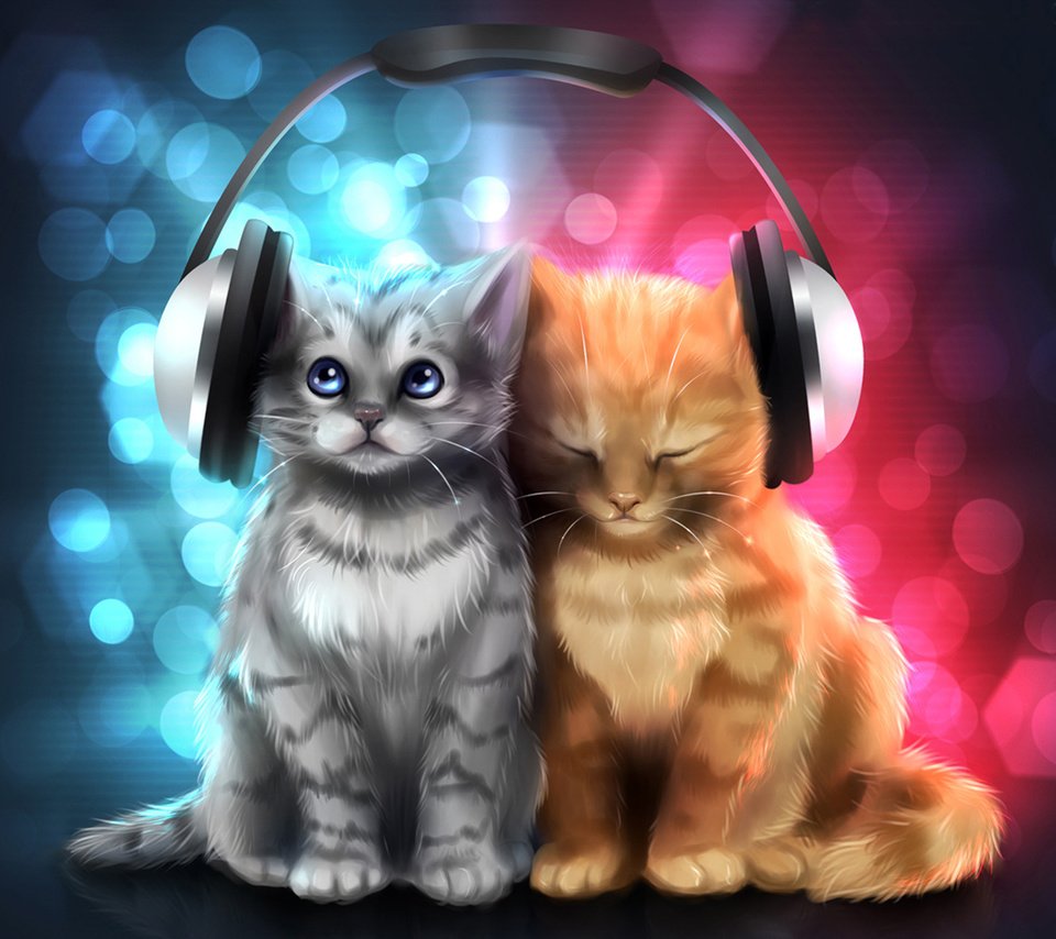 Обои рисунок, музыка, серый, блики, наушники, кошки, котята, рыжий, figure, music, grey, glare, headphones, cats, kittens, red разрешение 2000x2000 Загрузить