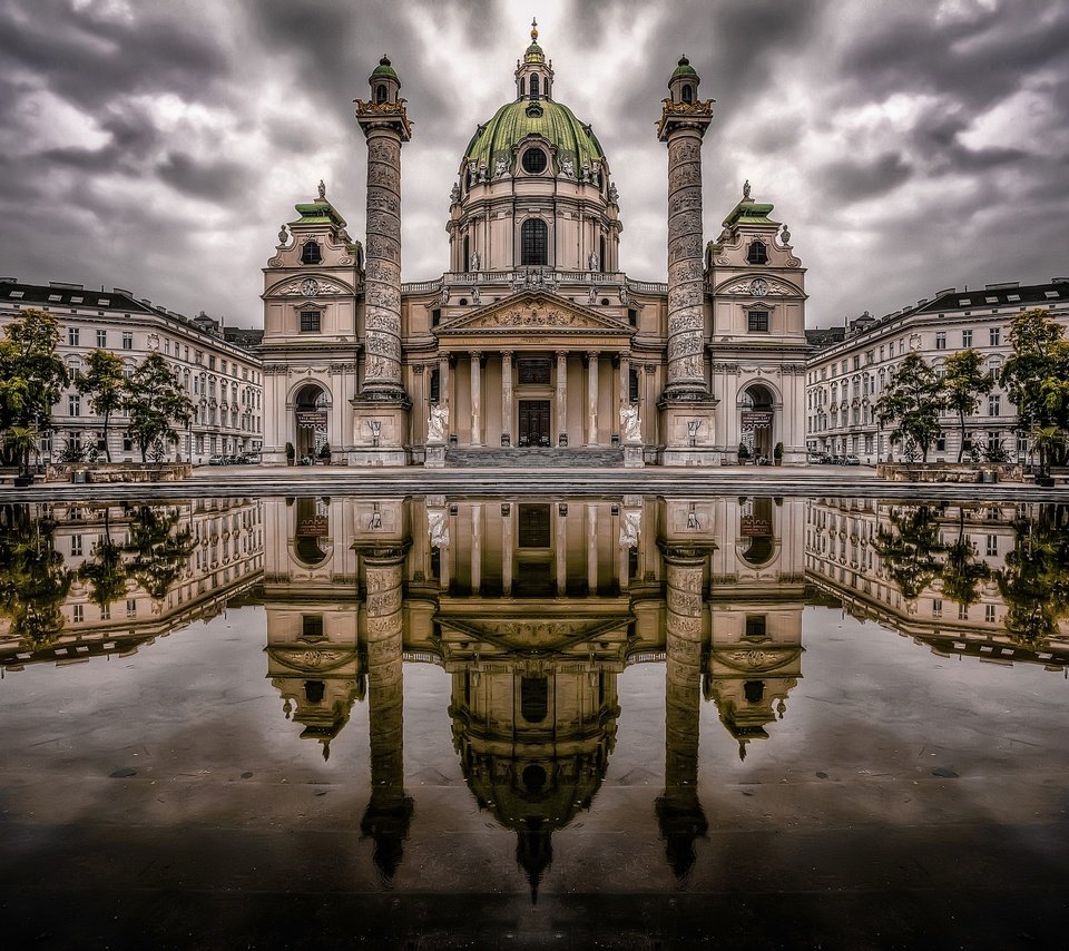 Обои вода, отражение, австрия, церковь, вена, карлсплац, water, reflection, austria, church, vienna, karlsplatz разрешение 2048x1422 Загрузить