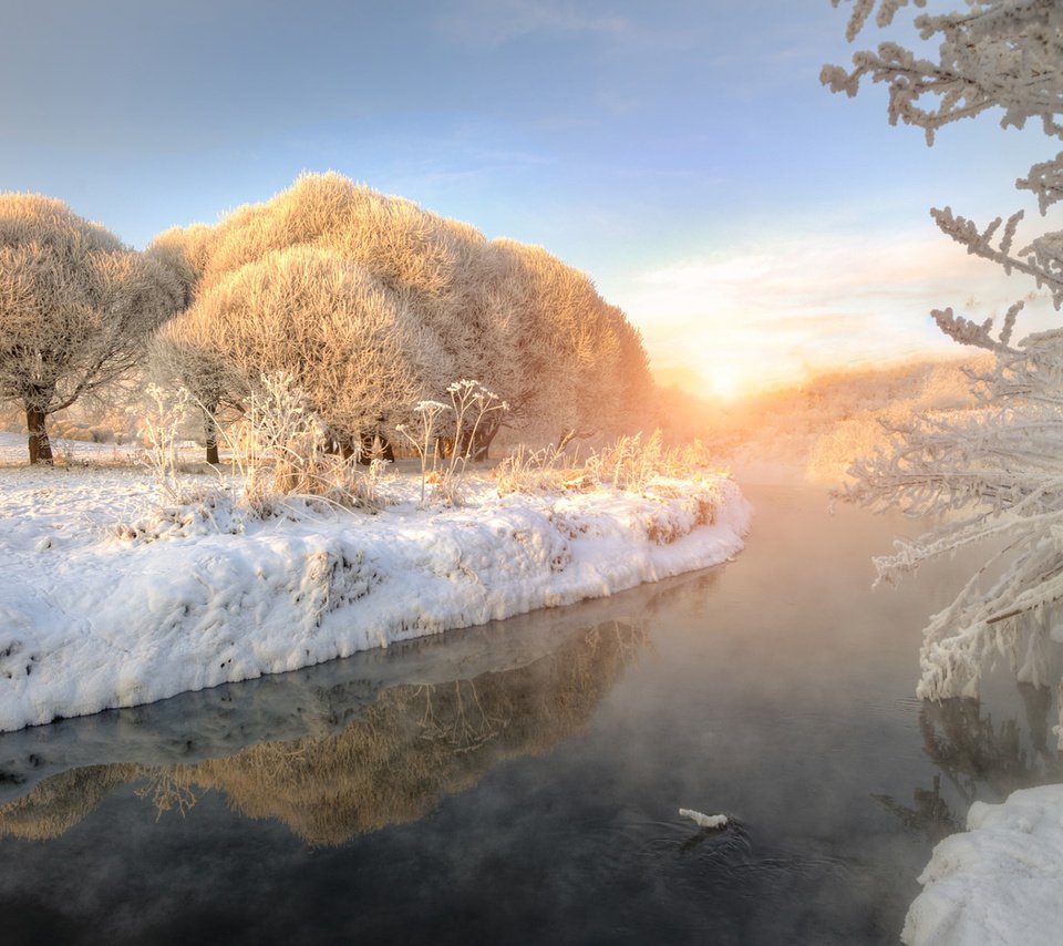 Обои деревья, река, природа, зима, утро, иней, trees, river, nature, winter, morning, frost разрешение 1920x1200 Загрузить