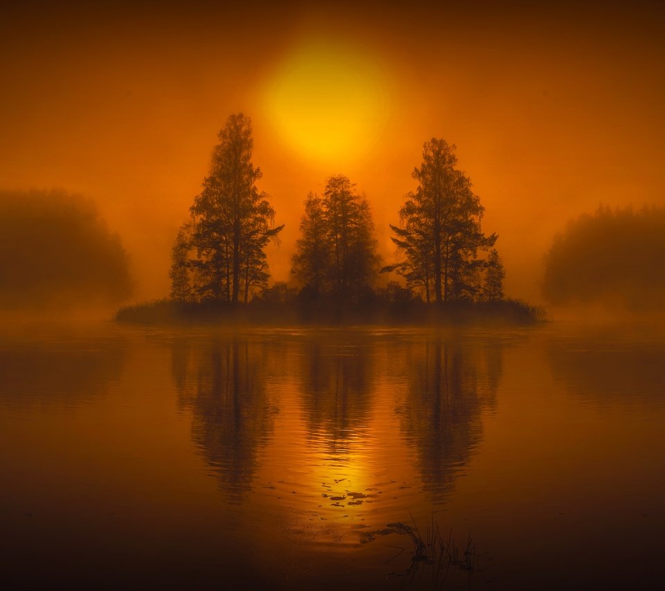 Обои деревья, вода, озеро, закат, отражение, пейзаж, туман, hmetosche, trees, water, lake, sunset, reflection, landscape, fog разрешение 5203x3183 Загрузить