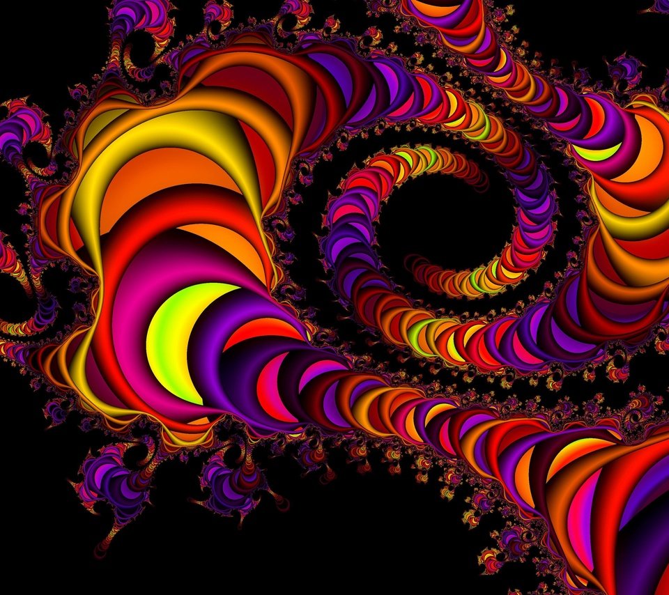 Обои цвет, форма, разноцветный, спираль, черный фон, фрактал, color, form, colorful, spiral, black background, fractal разрешение 4039x2689 Загрузить