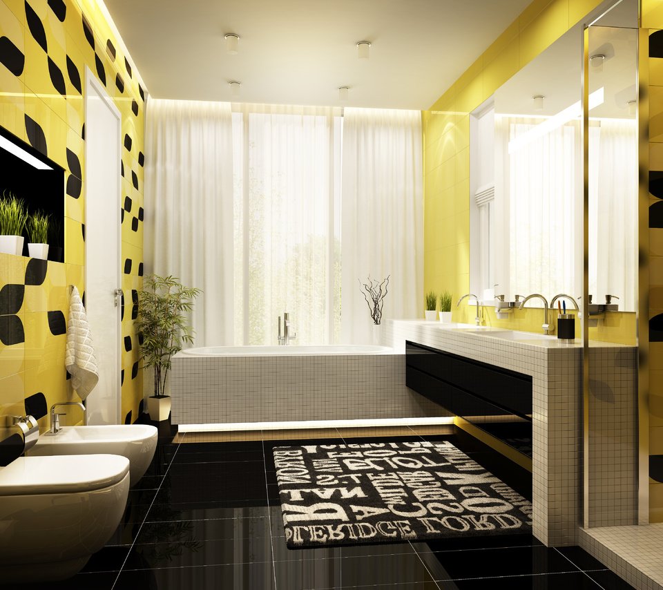 Обои желтый, интерьер, дизайн, черный, ванна, ванная, yellow, interior, design, black, bath, bathroom разрешение 5000x3846 Загрузить