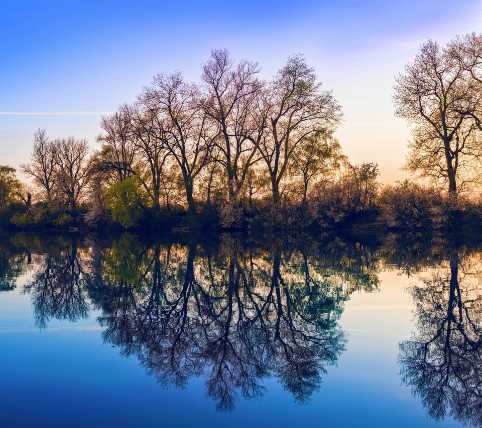 Обои небо, деревья, озеро, природа, отражение, the sky, trees, lake, nature, reflection разрешение 7680x4270 Загрузить