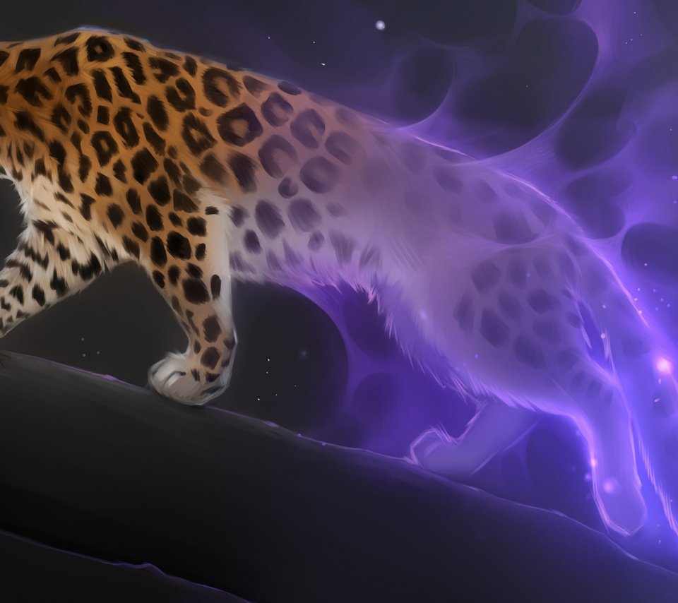 Обои арт, фэнтези, леопард, большая кошка, ночь звезды, art, fantasy, leopard, big cat, night star разрешение 2112x1188 Загрузить