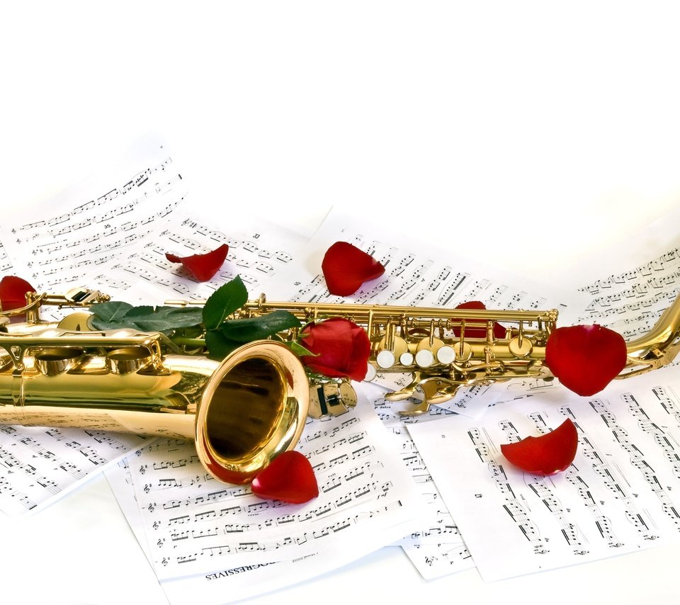 Обои ноты, белый фон, саксофон, музыкальный инструмент, лепестки розы, notes, white background, saxophone, musical instrument разрешение 3872x2592 Загрузить