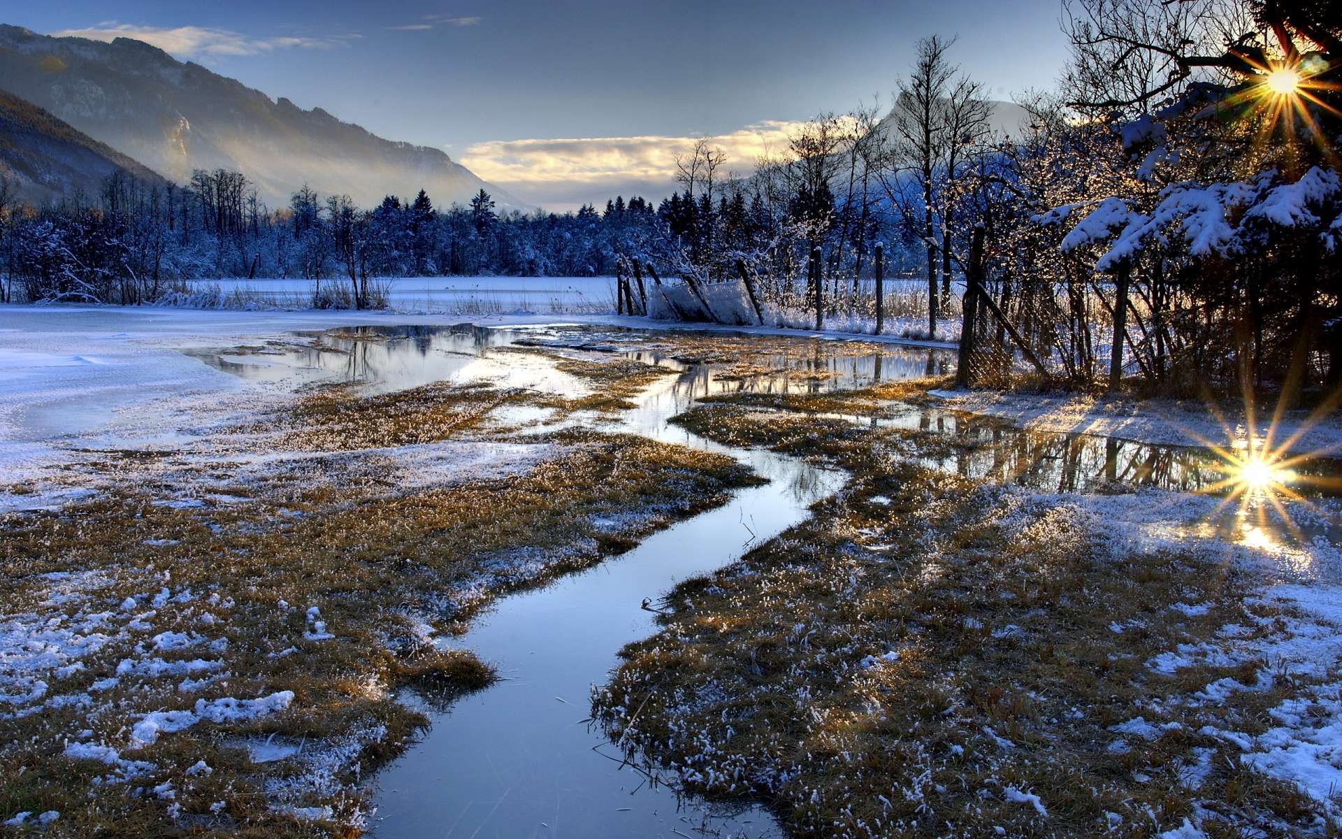 Обои река, горы, зима, пейзаж, river, mountains, winter, landscape разрешение 1920x1200 Загрузить
