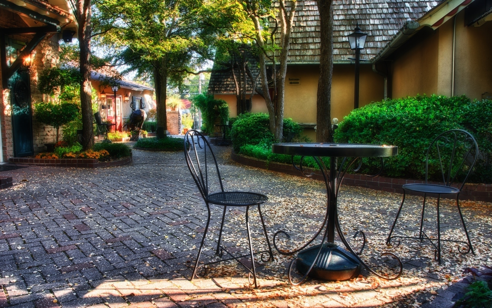 Обои деревья, растения, парк, утро, стулья, столик, trees, plants, park, morning, chairs, table разрешение 1920x1200 Загрузить