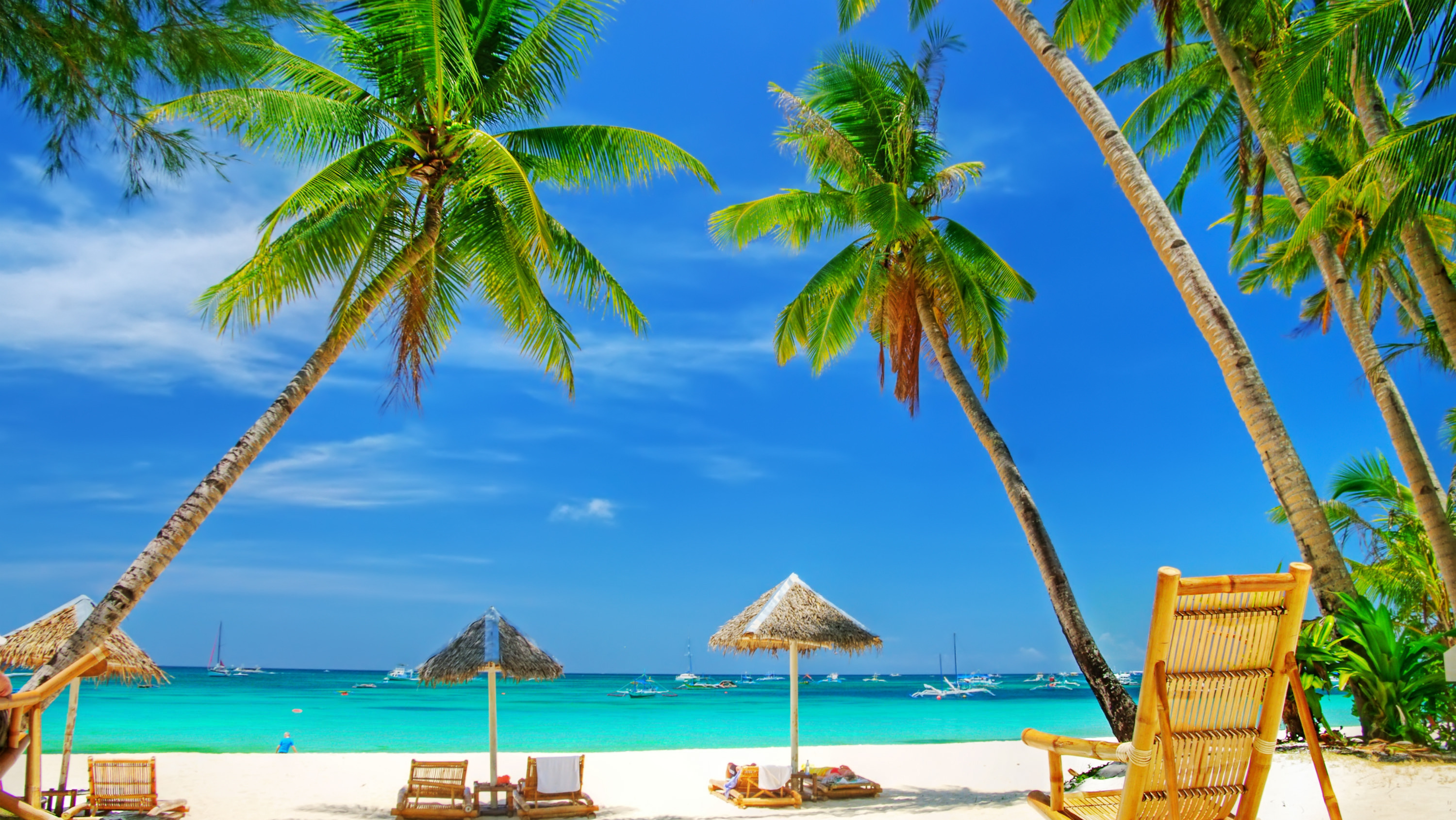 Обои песок, пляж, лодки, пальмы, тропики, sand, beach, boats, palm trees, tropics разрешение 3000x1690 Загрузить