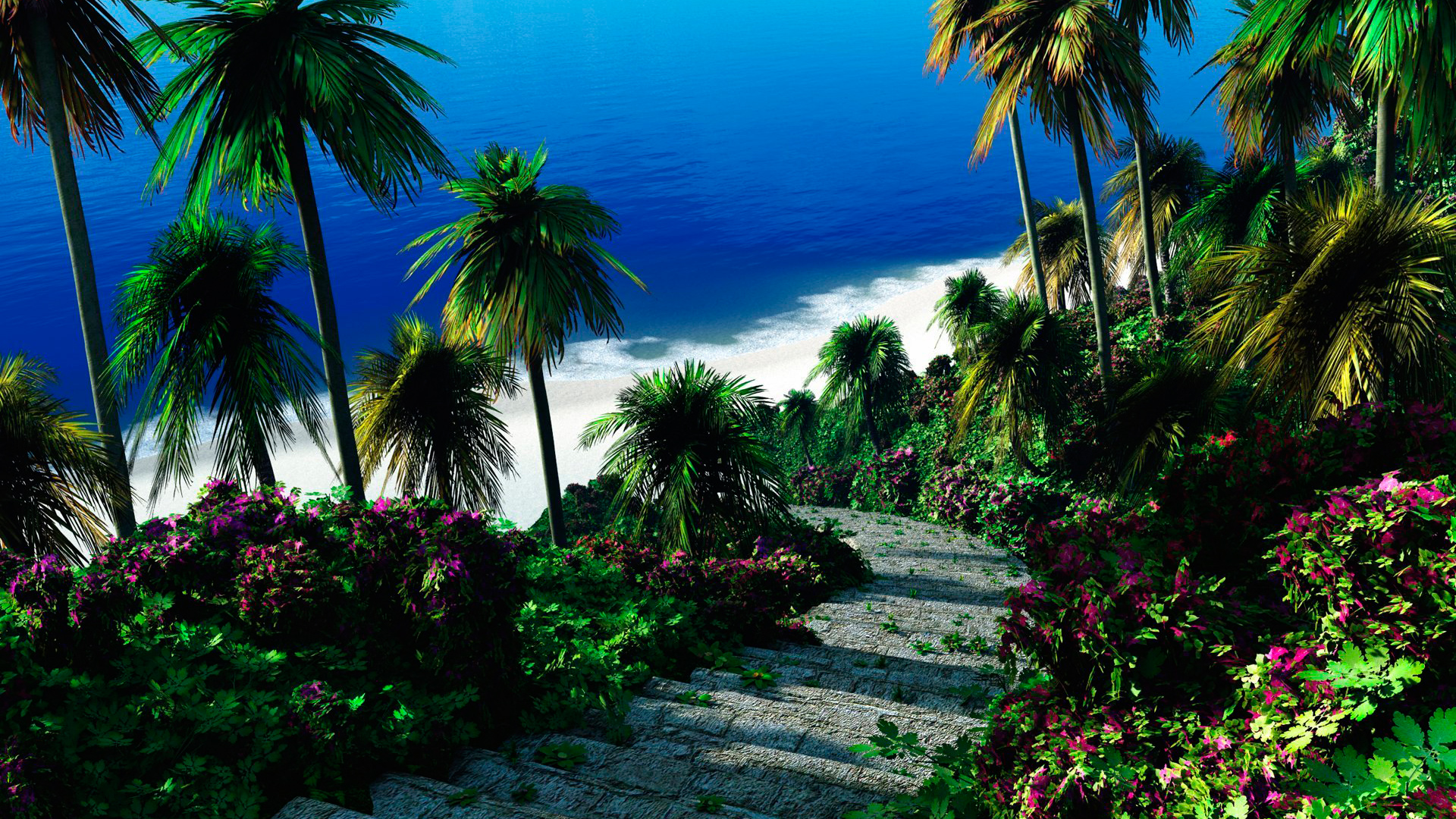 Обои цветы, пляж, пальмы, тропики, flowers, beach, palm trees, tropics разрешение 1920x1080 Загрузить