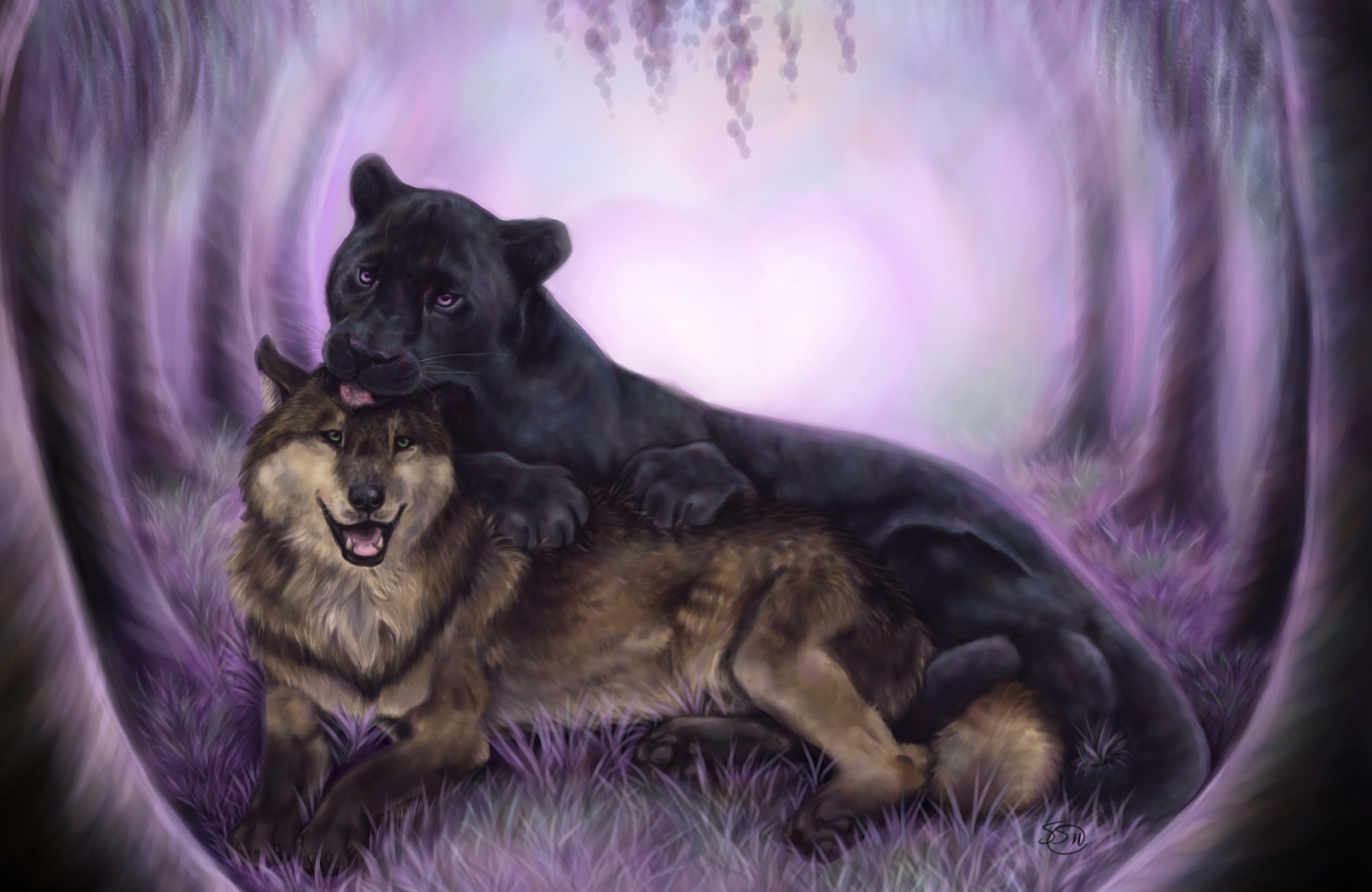 Обои арт, животные, пантера, черная, хищники, дружба, волк, art, animals, panther, black, predators, friendship, wolf разрешение 1998x1299 Загрузить
