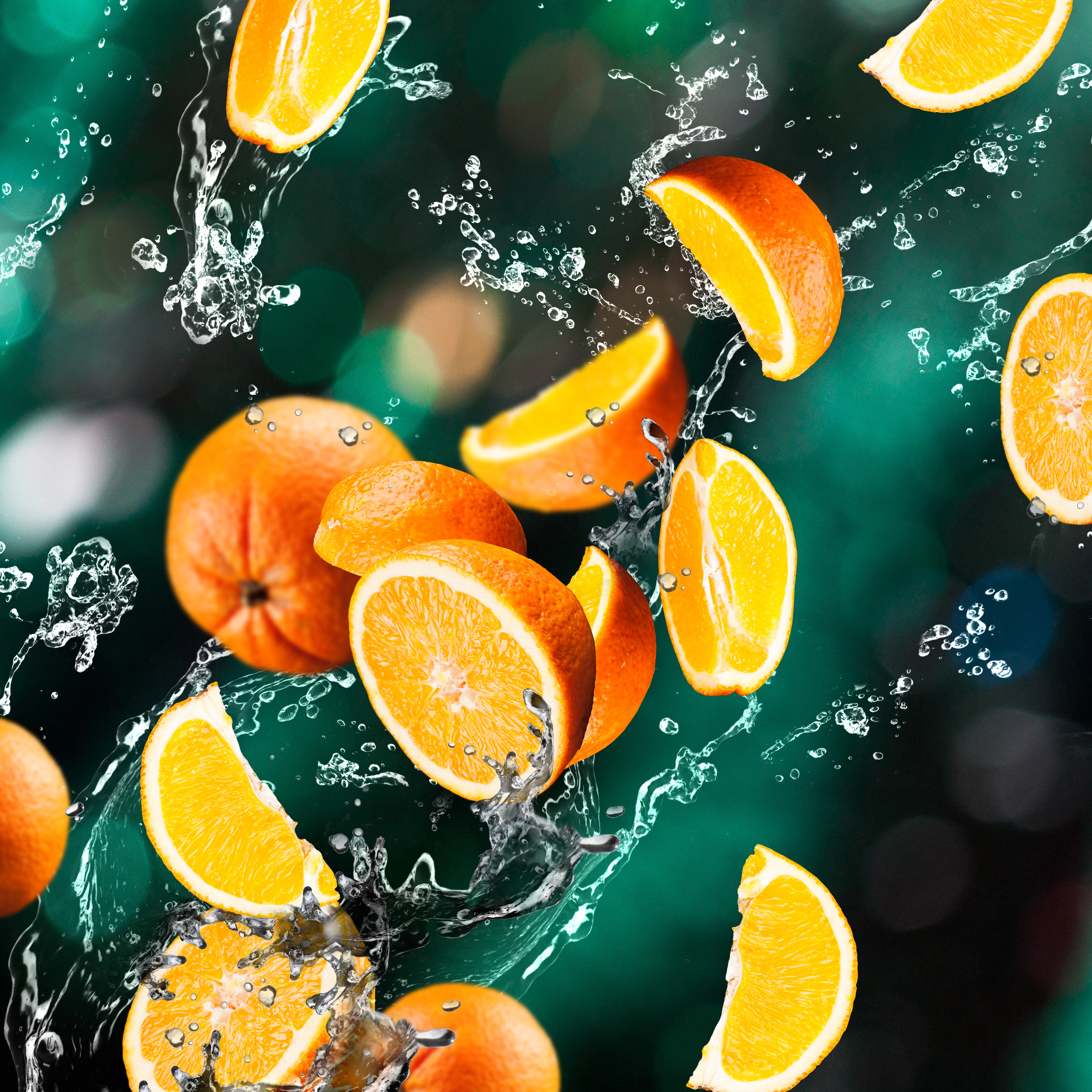 Обои вода, фон, фрукты, апельсины, брызги, апельсин, дольки, цитрусы, water, background, fruit, oranges, squirt, orange, slices, citrus разрешение 6000x6000 Загрузить