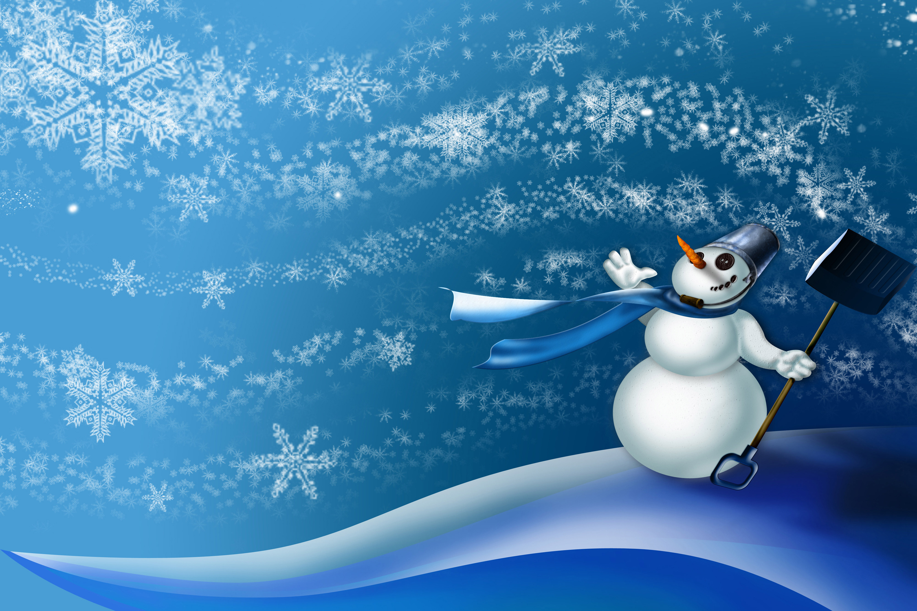Обои новый год, снежинки, снеговик, ветер, сугробы, лопата, ведро, шарф, new year, snowflakes, snowman, the wind, the snow, shovel, bucket, scarf разрешение 3000x2000 Загрузить