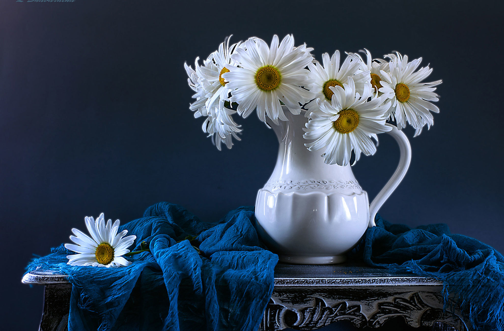 Обои цветы, ромашки, кувшин, столик, натюрморт, шарф, flowers, chamomile, pitcher, table, still life, scarf разрешение 1980x1301 Загрузить