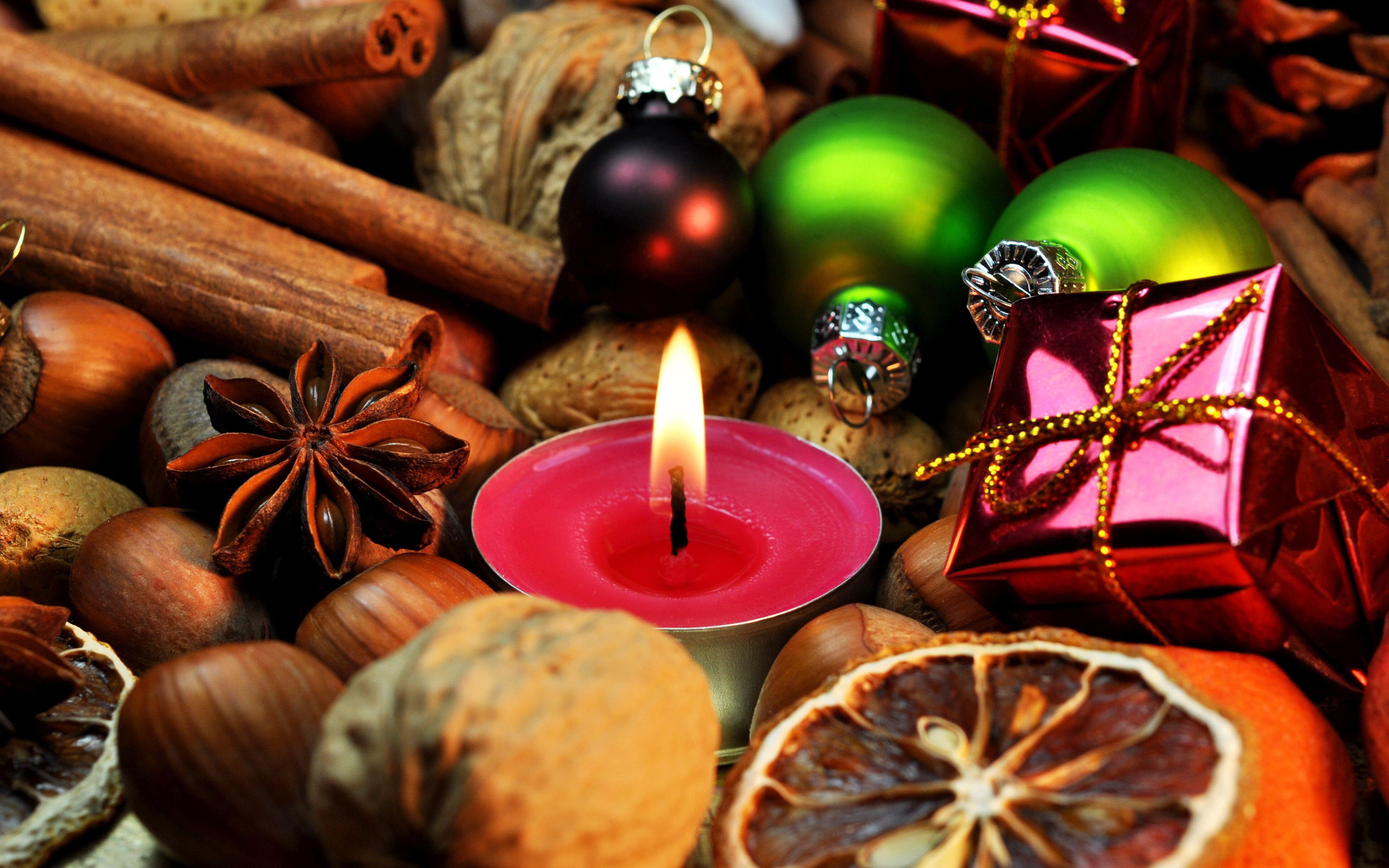 Обои бадьян, новый год, орехи, корица, свеча, рождество, елочные игрушки, пряности, анис, star anise, new year, nuts, cinnamon, candle, christmas, christmas decorations, spices, anis разрешение 3840x2400 Загрузить