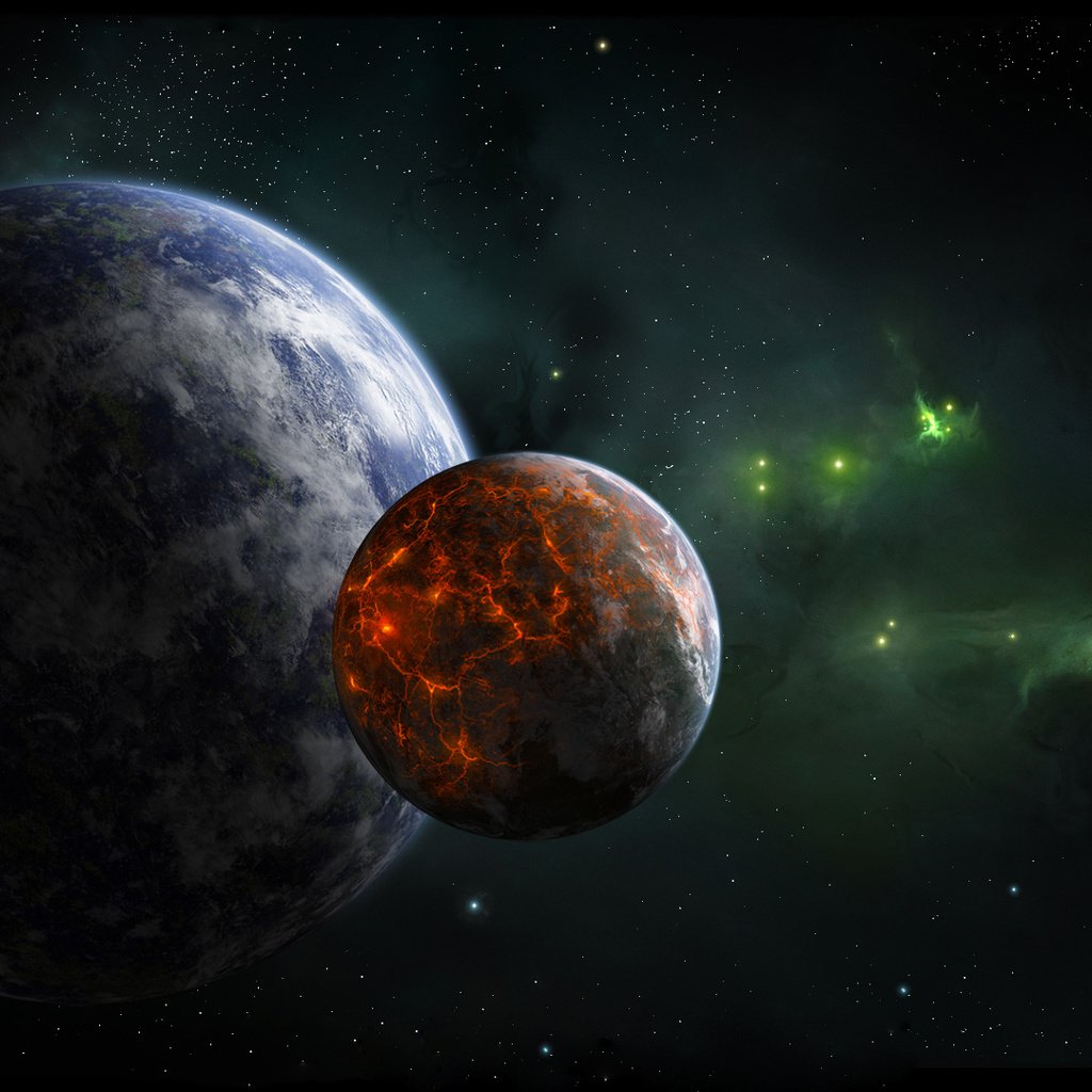 Обои звезды, планета, туманность, зеленая, спутник, вулканическая, активность, stars, planet, nebula, green, satellite, volcanic, activity разрешение 1920x1080 Загрузить