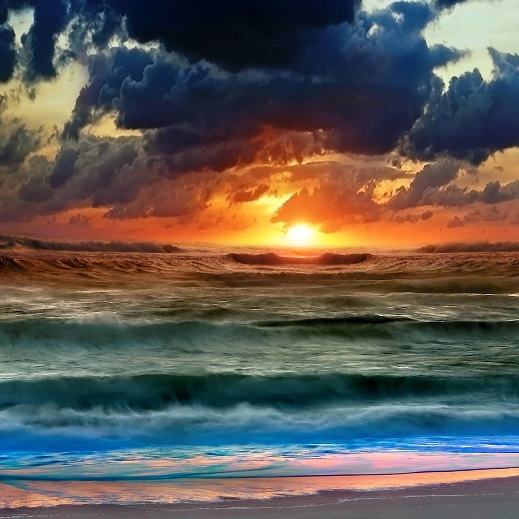 Обои небо, облака, вода, солнце, цвета, волны, закат, море, the sky, clouds, water, the sun, color, wave, sunset, sea разрешение 1920x1200 Загрузить