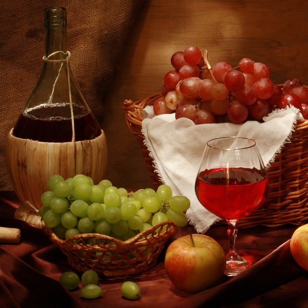 Обои виноград, яблоки, бокал, корзина, вино, бутылка, вина, grapes, apples, glass, basket, wine, bottle разрешение 1920x1080 Загрузить